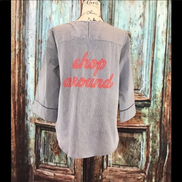 Gray Pinstriped Graphic Red Backside 3/4” Sleeve U Hemline by Zara - Picture 3 of 5